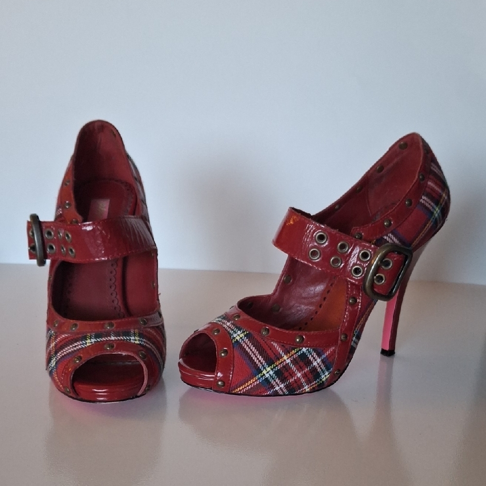 Betsey Johnson Red Plaid Heels with Studs